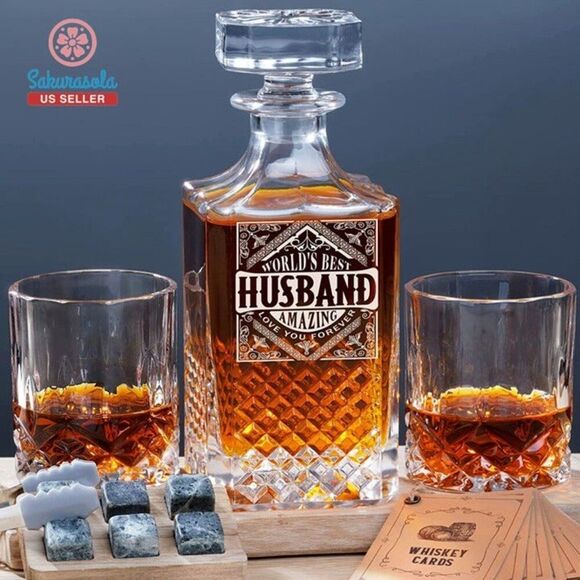 Gifts for Men Husband Decanter Set with 2 Whisky Glasses Cool Anniversary Father - Picture 1 of 8